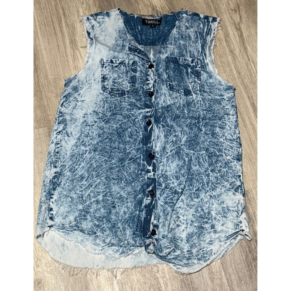 Thrill Jeans Acid Wash Sleeveless Top Button Down Shirt w Pockets Medium‎